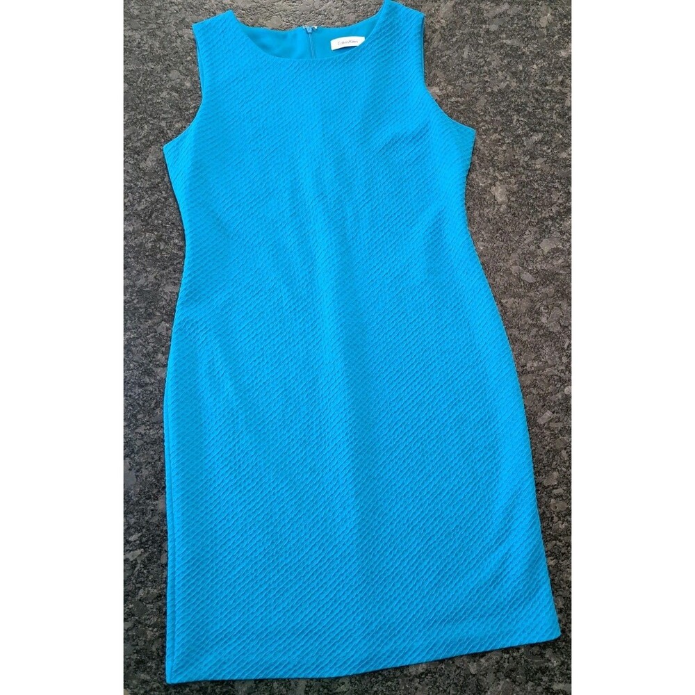 Calvin Klein M 10 Aqua Blue Sheath Dress Textured Sleeveless Career Stretch